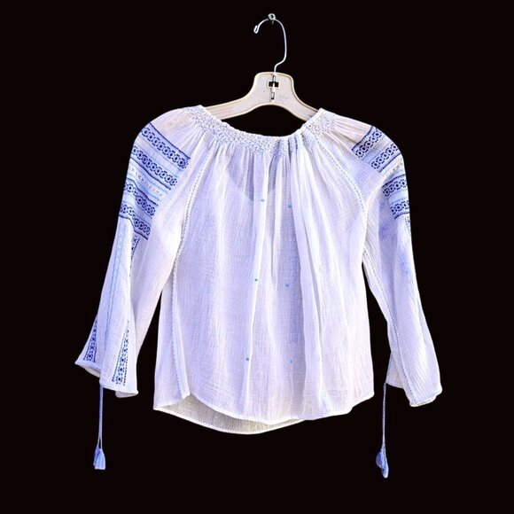 Vintage 60s 70s White Gauze Peasant Blouse Hand Embroidered Greek Balkan M - Picture 3 of 11